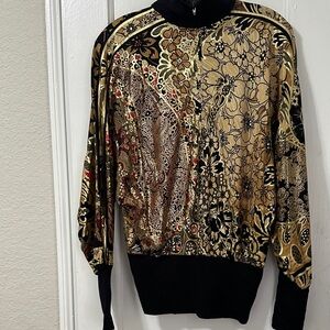 Bergdorf Goodman on the Plaza New York Gold and Black Floral Zip-Front Crop Top